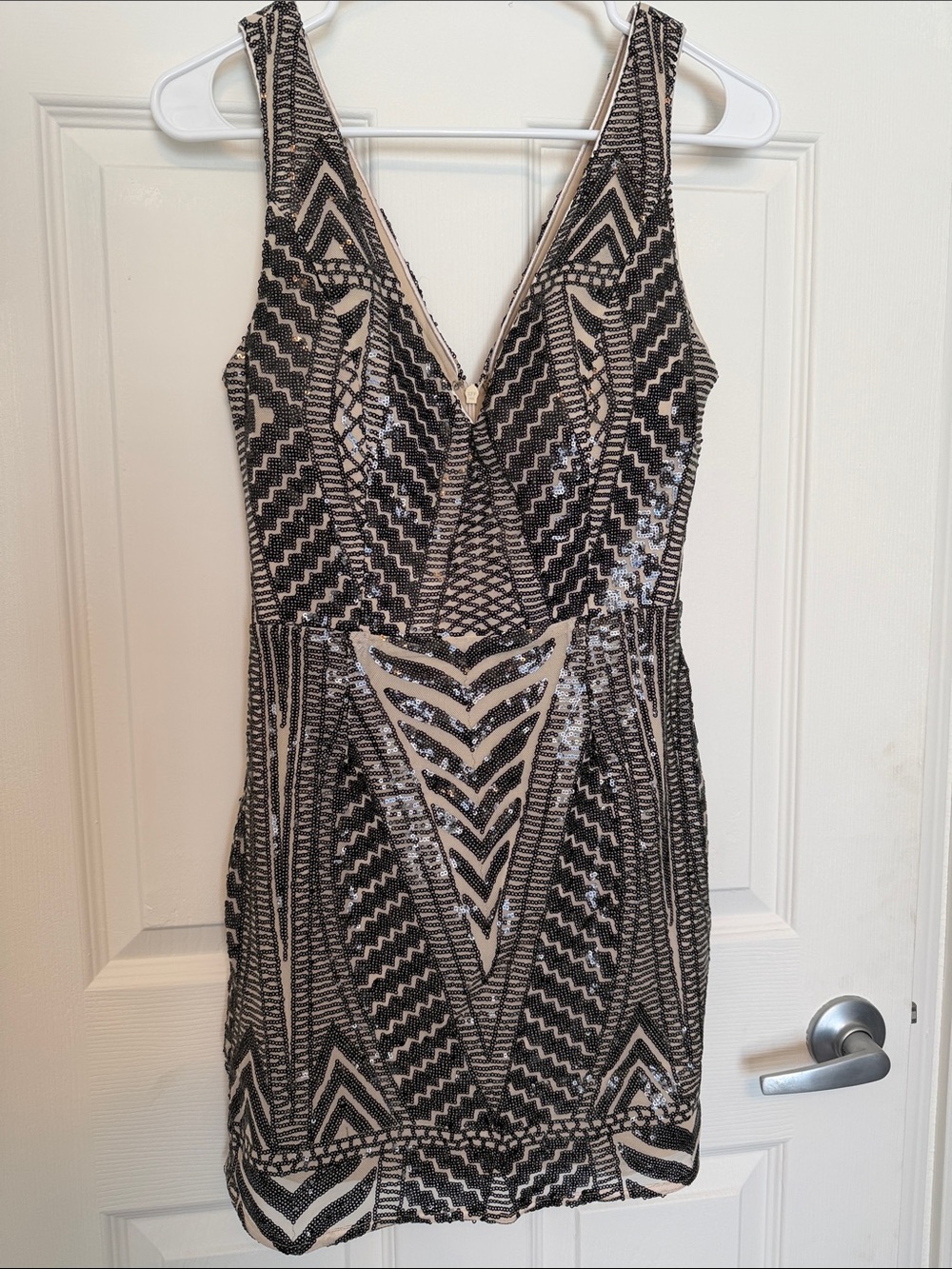 Lulu's Black & Nude Sequin Geometric Bodycon Mini Dress